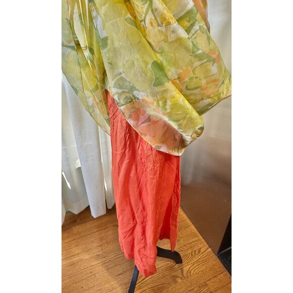 Vintage 1970s maxi dress, orange green pink floral, sheer short puff sleeves - Picture 8 of 10